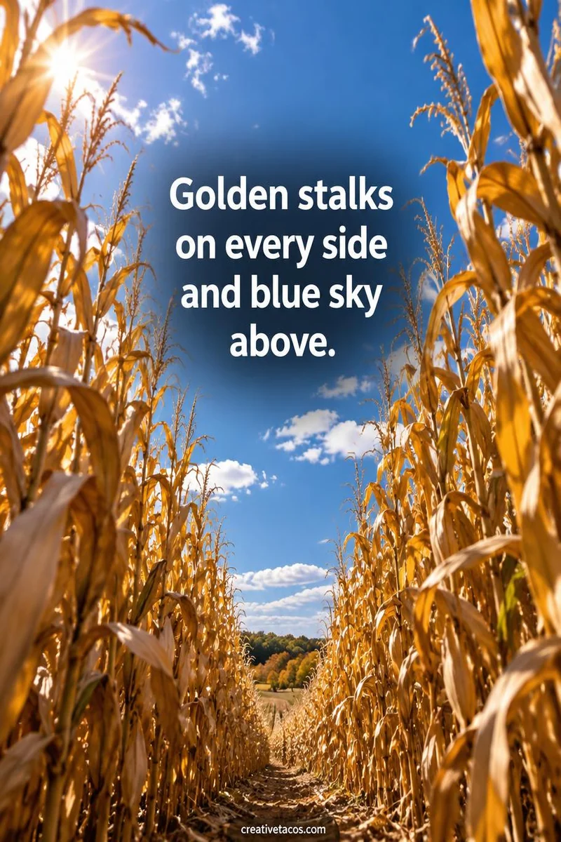 Quote card: Golden stalks on every side and blue sky above.