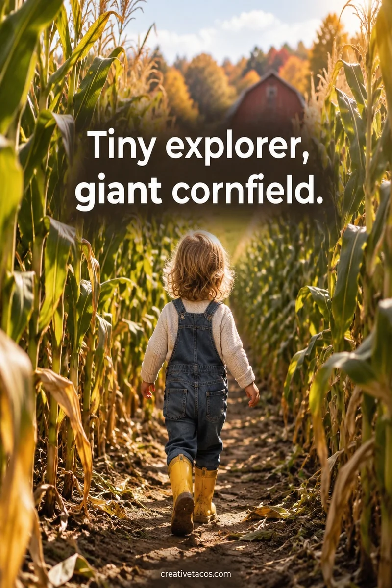 Quote card: Tiny explorer, giant cornfield.
