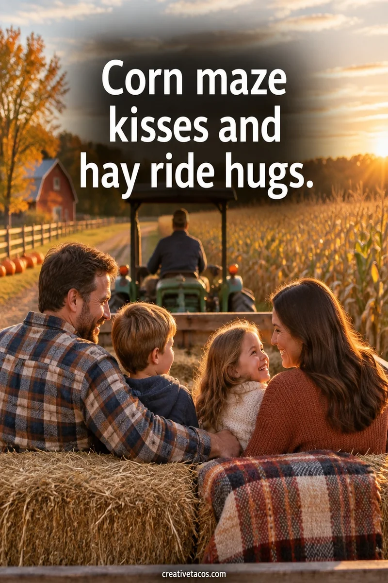 Quote card: Corn maze kisses and hay ride hugs.