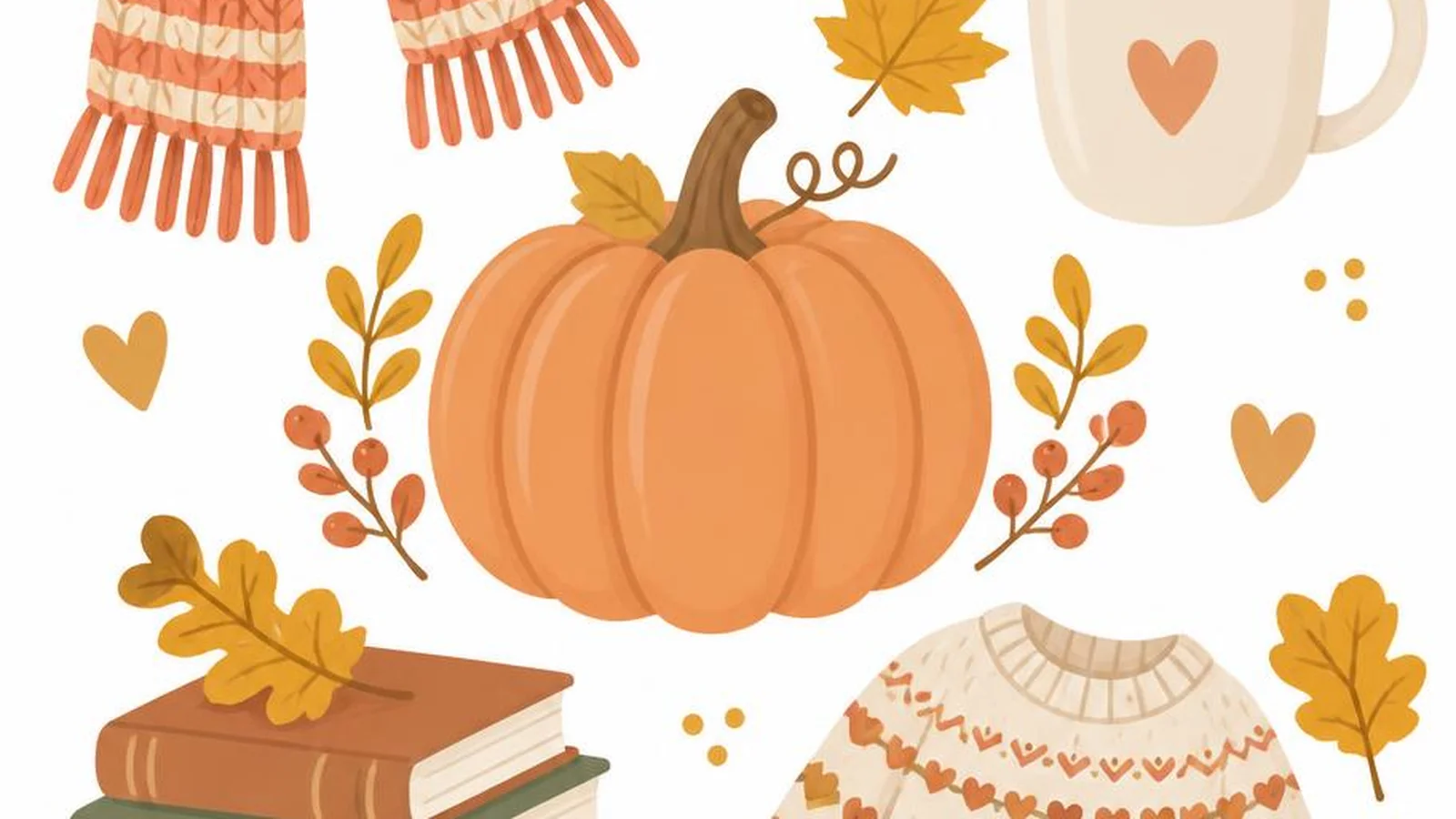 Clean illustration of a soft pumpkin, leaf, scarf, and mug icons on white for cute fall quotes.