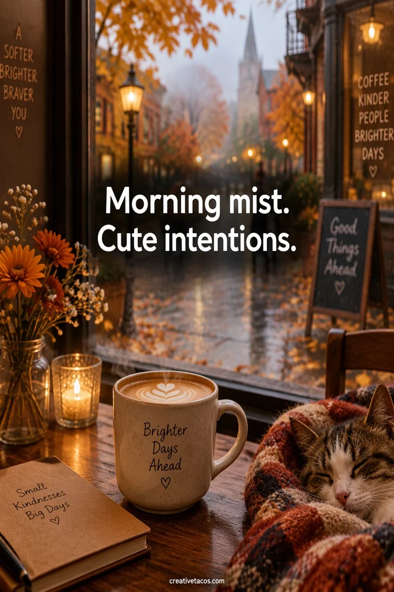 Quote card: Morning mist. Cute intentions.