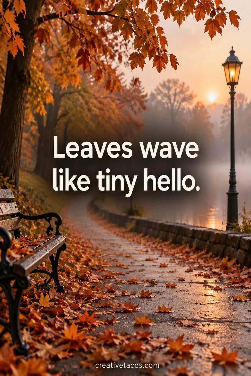 Quote card: Leaves wave like tiny hello.