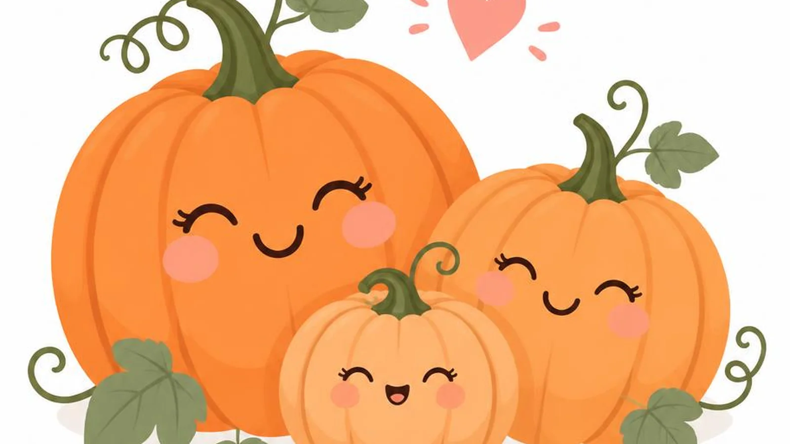 Clean illustration of three smiling pumpkins with vines and a small heart on a white background for cute pumpkin quotes.