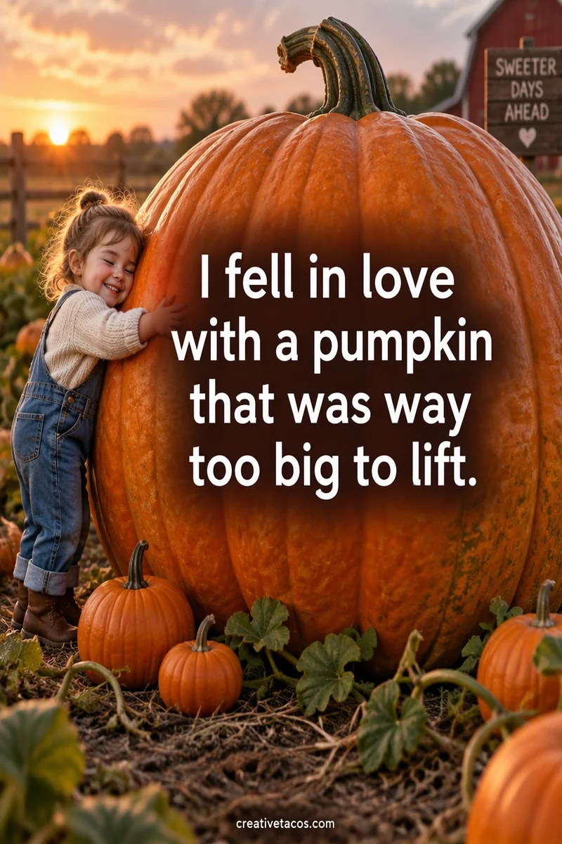 Quote card: I fell in love with a pumpkin that was way too big to lift.