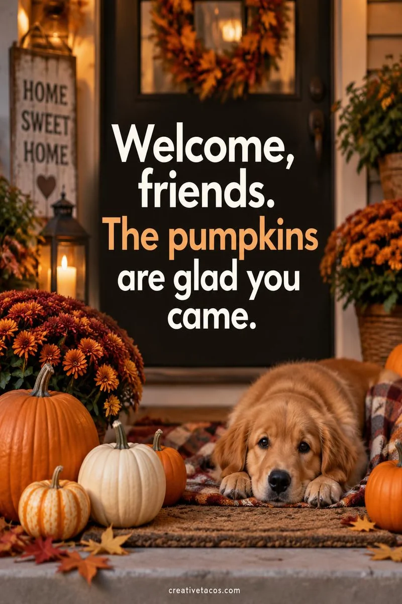 Quote card: Welcome, friends. The pumpkins are glad you came.