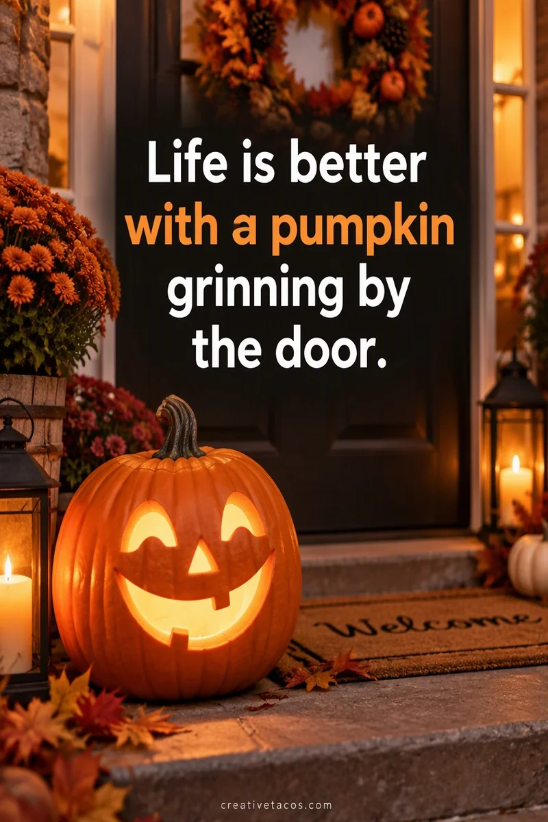 Quote card: Life is better with a pumpkin grinning by the door.