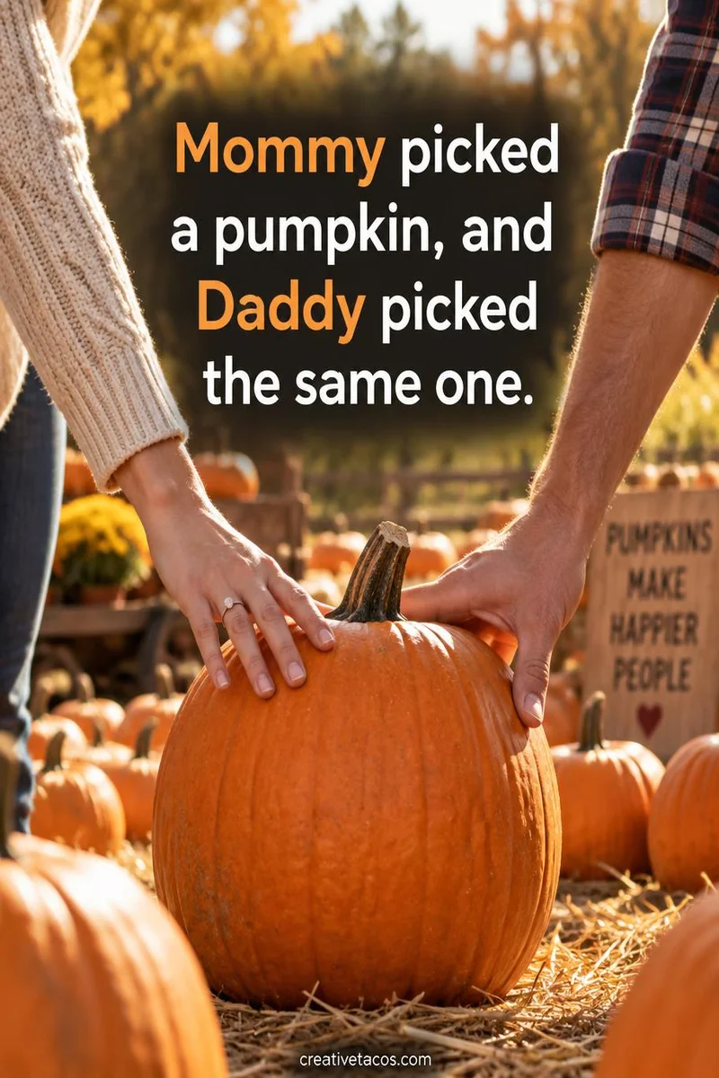 Quote card: Mommy picked a pumpkin, and Daddy picked the same one.