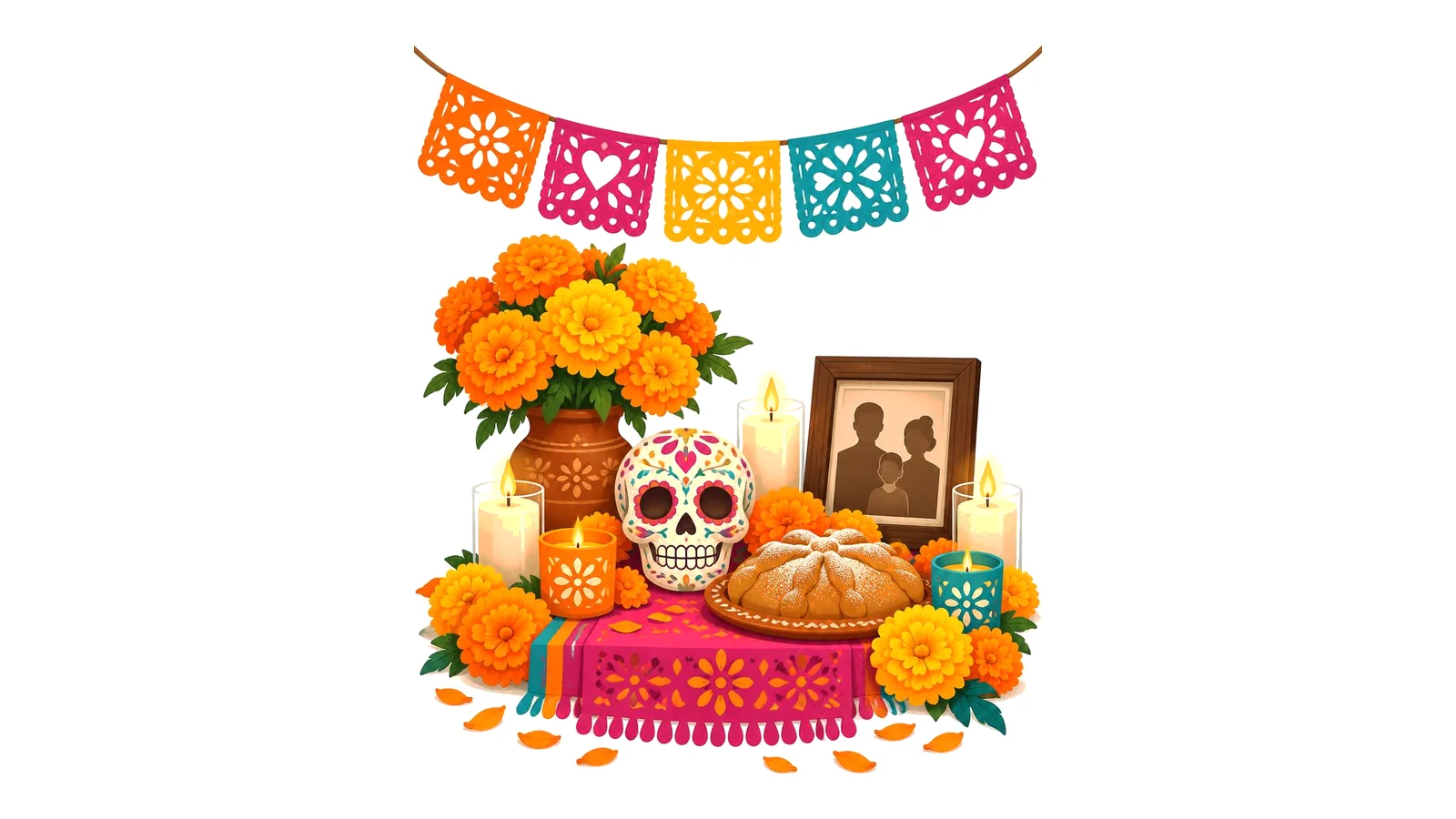 Clean illustration of an ofrenda with marigolds, candles, a decorated sugar skull, and papel picado on a white background for Día de los Muertos quotes.