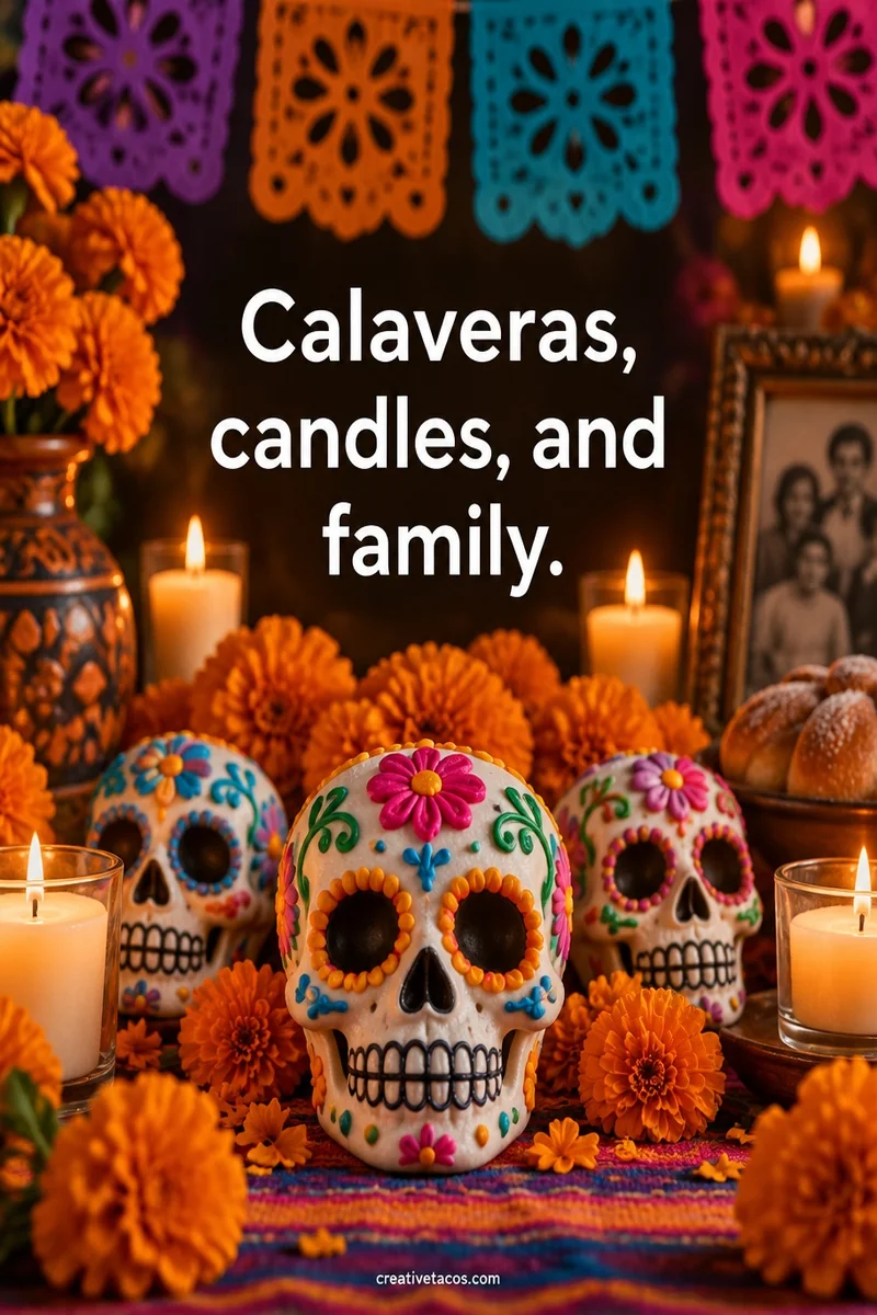 Quote card: Calaveras, candles, and family.