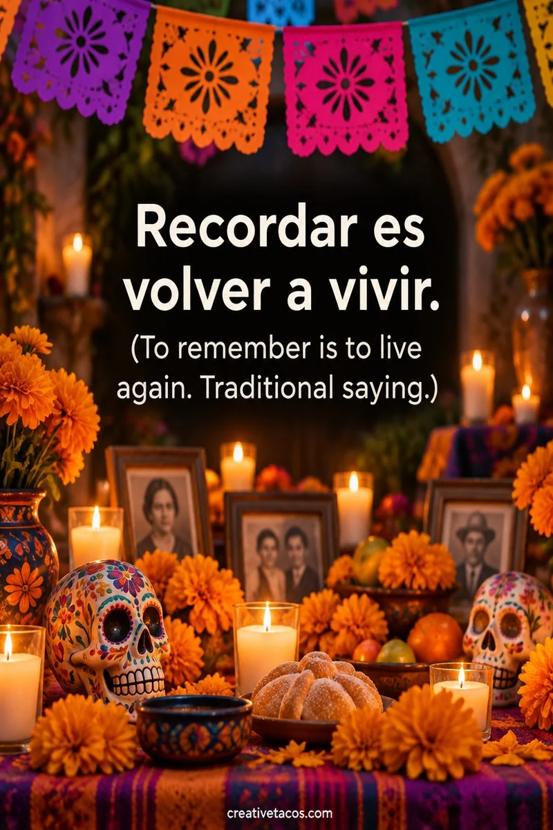 Quote card: Recordar es volver a vivir. (To remember is to live again. Traditional saying.)