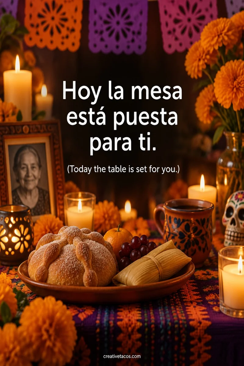 Quote card: Hoy la mesa está puesta para ti. (Today the table is set for you.)