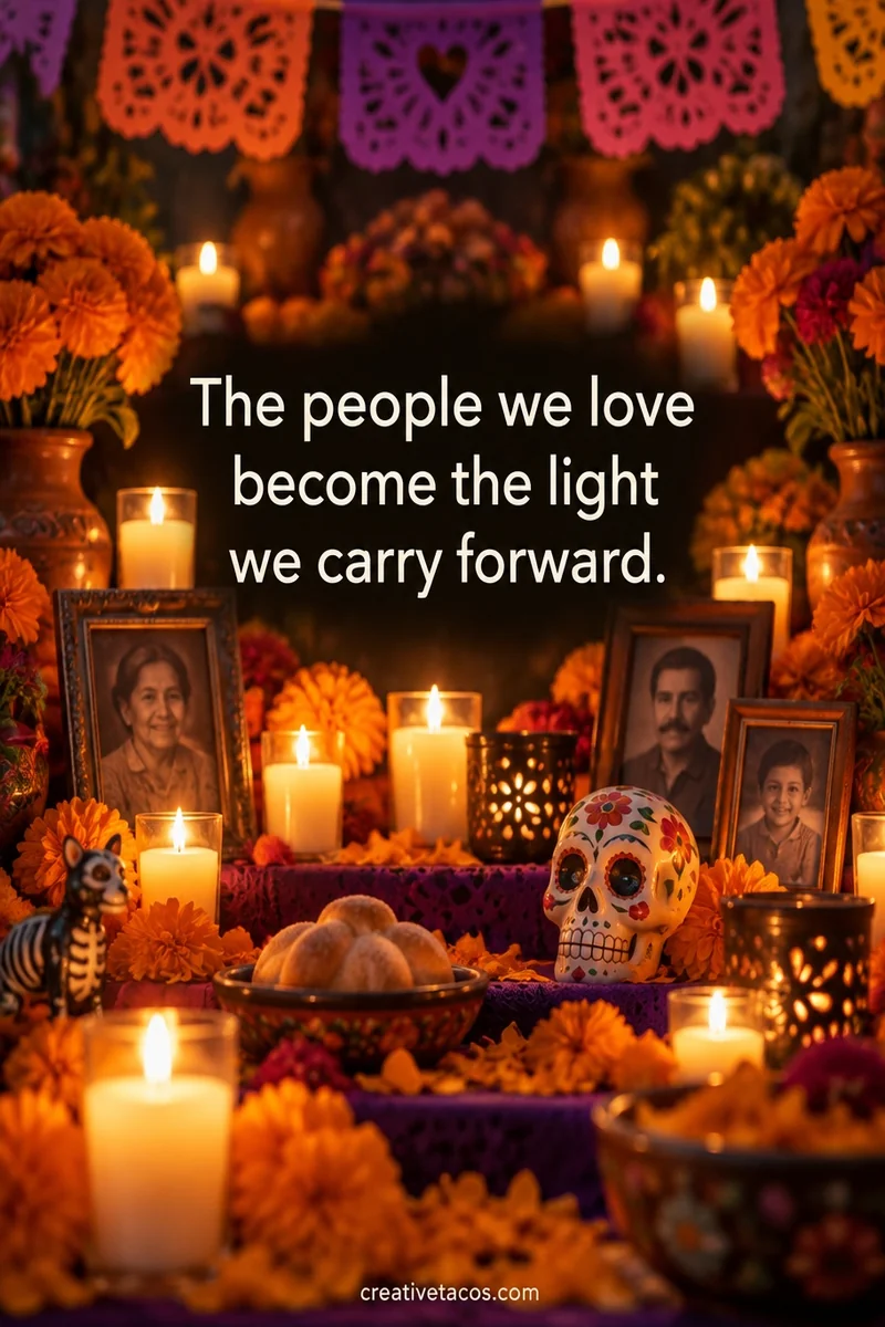 Quote card: The people we love become the light we carry forward.