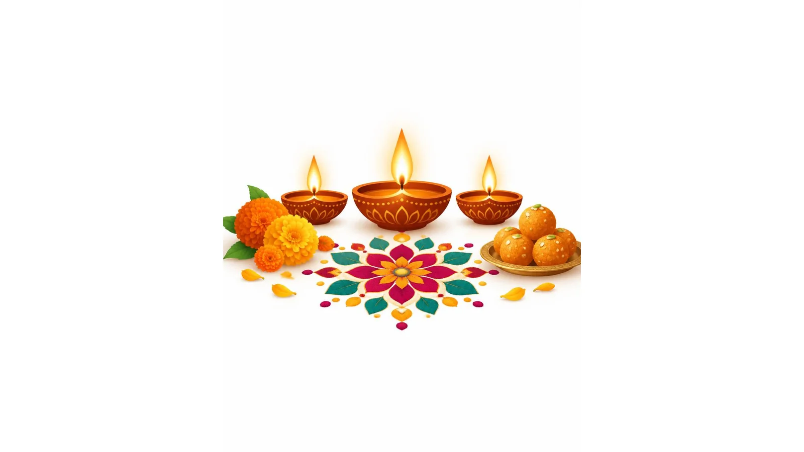 Illustration of glowing clay diyas, a flower rangoli, marigolds, and a plate of sweets on a white background for Diwali wishes.