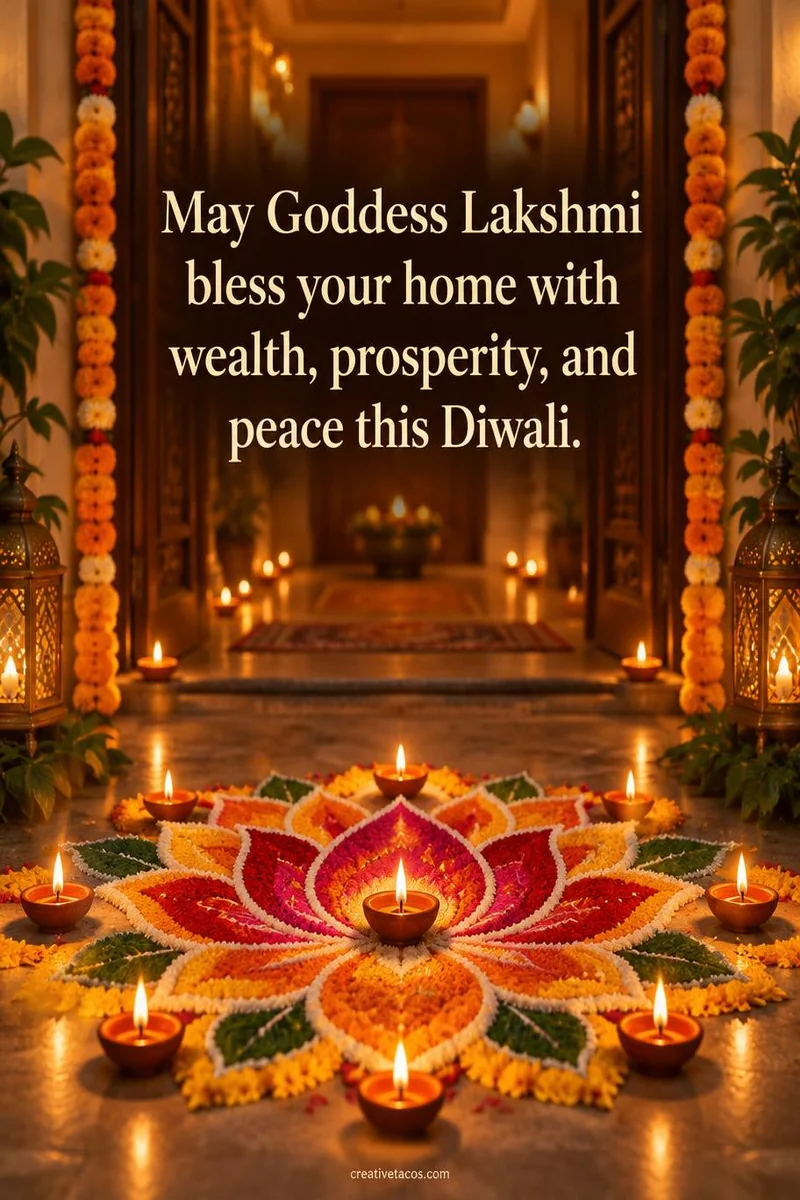 Quote card: May Goddess Lakshmi bless your home with wealth, prosperity, and peace this Diwali.
