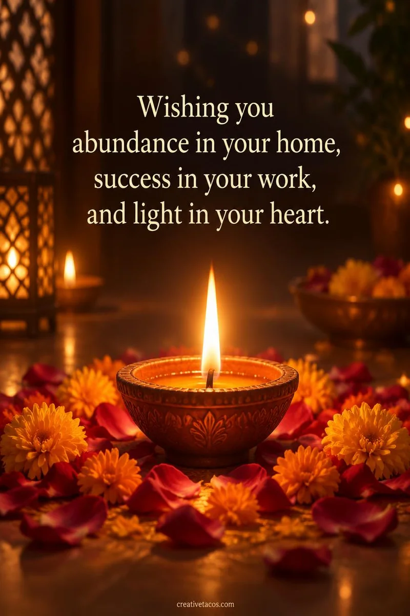 Quote card: Wishing you abundance in your home, success in your work, and light in your heart.