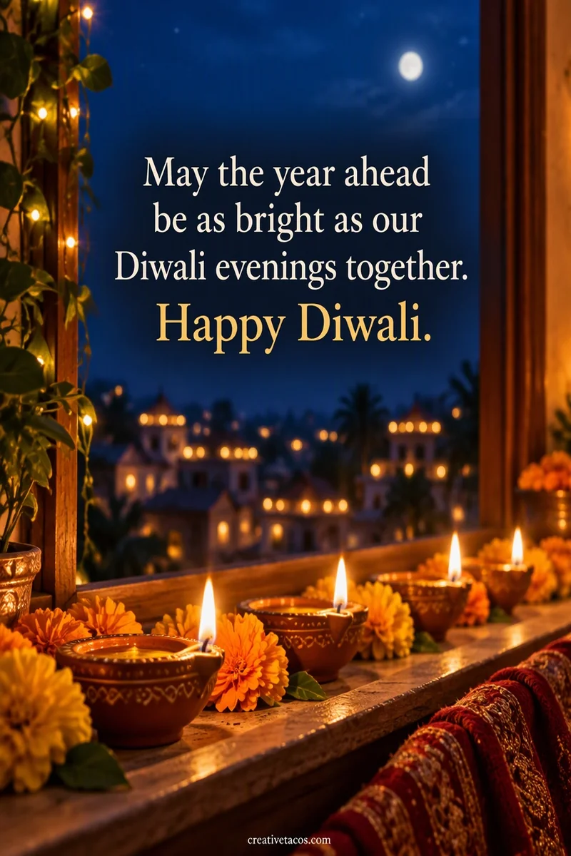 Quote card: May the year ahead be as bright as our Diwali evenings together. Happy Diwali.