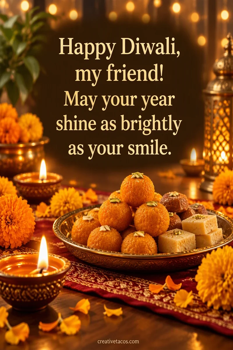 Quote card: Happy Diwali, my friend! May your year shine as brightly as your smile.