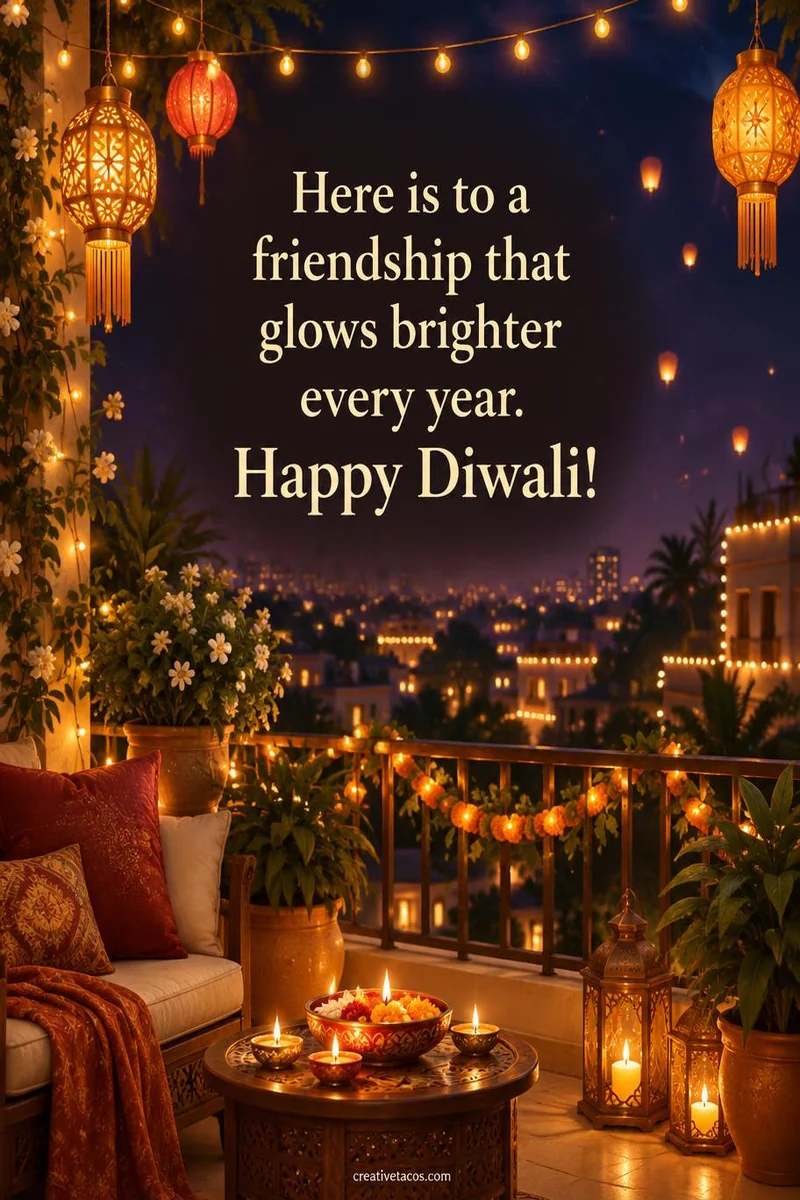 Quote card: Here is to a friendship that glows brighter every year. Happy Diwali!