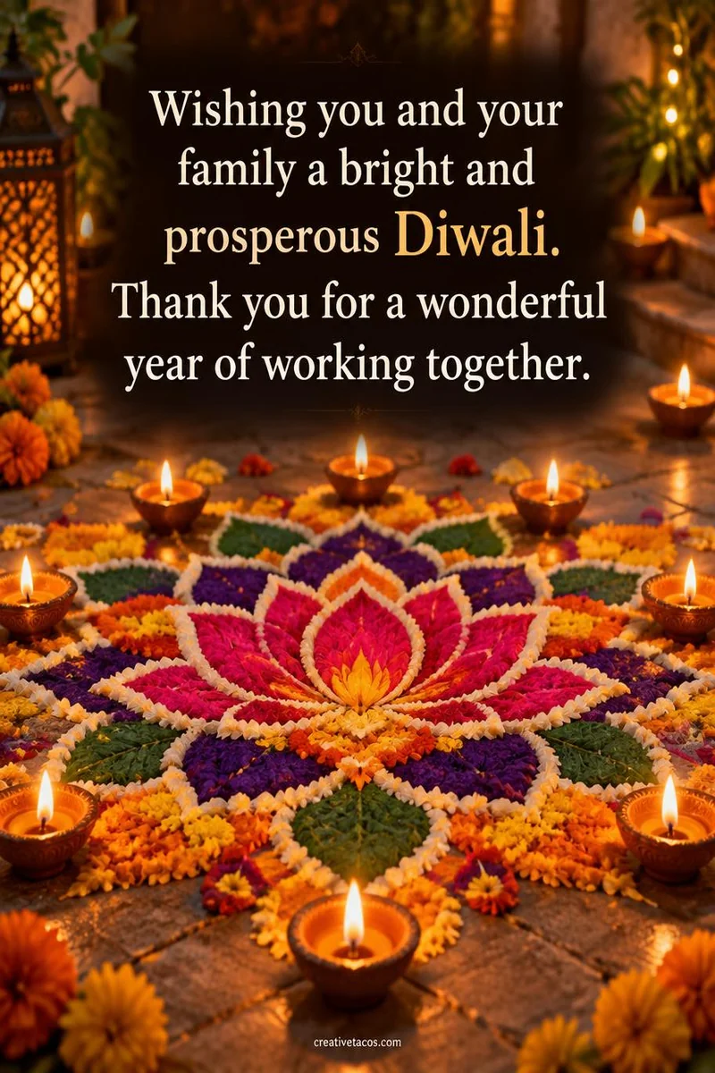Quote card: Wishing you and your family a bright and prosperous Diwali. Thank you for a wonderful year of working together.