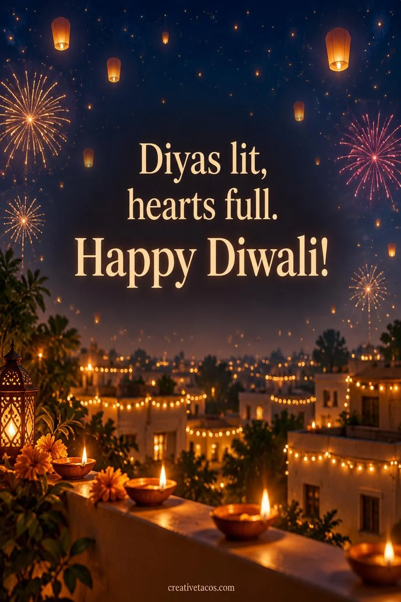 Quote card: Diyas lit, hearts full. Happy Diwali!