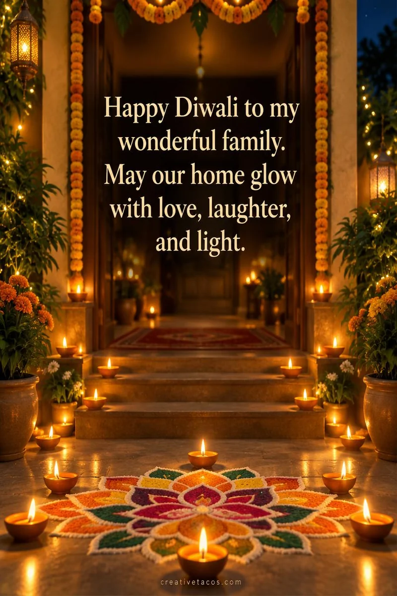 Quote card: Happy Diwali to my wonderful family. May our home glow with love, laughter, and light.