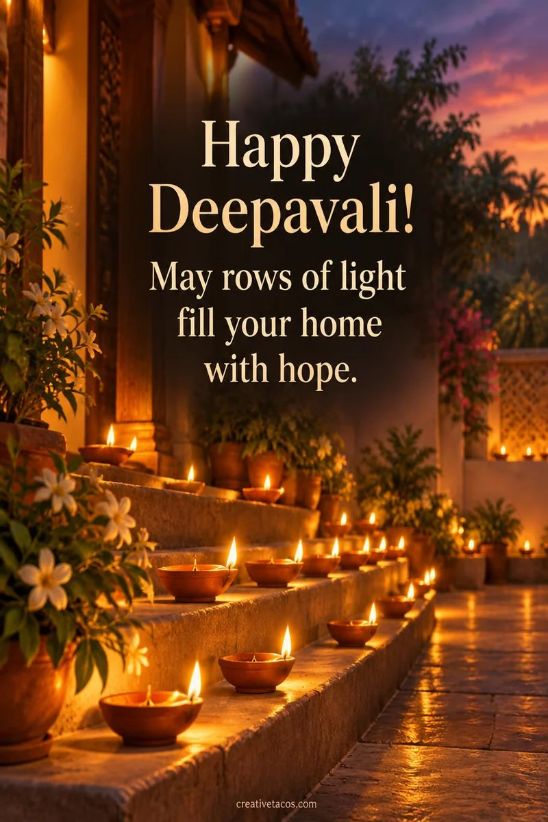 Quote card: Happy Deepavali! May rows of light fill your home with hope.