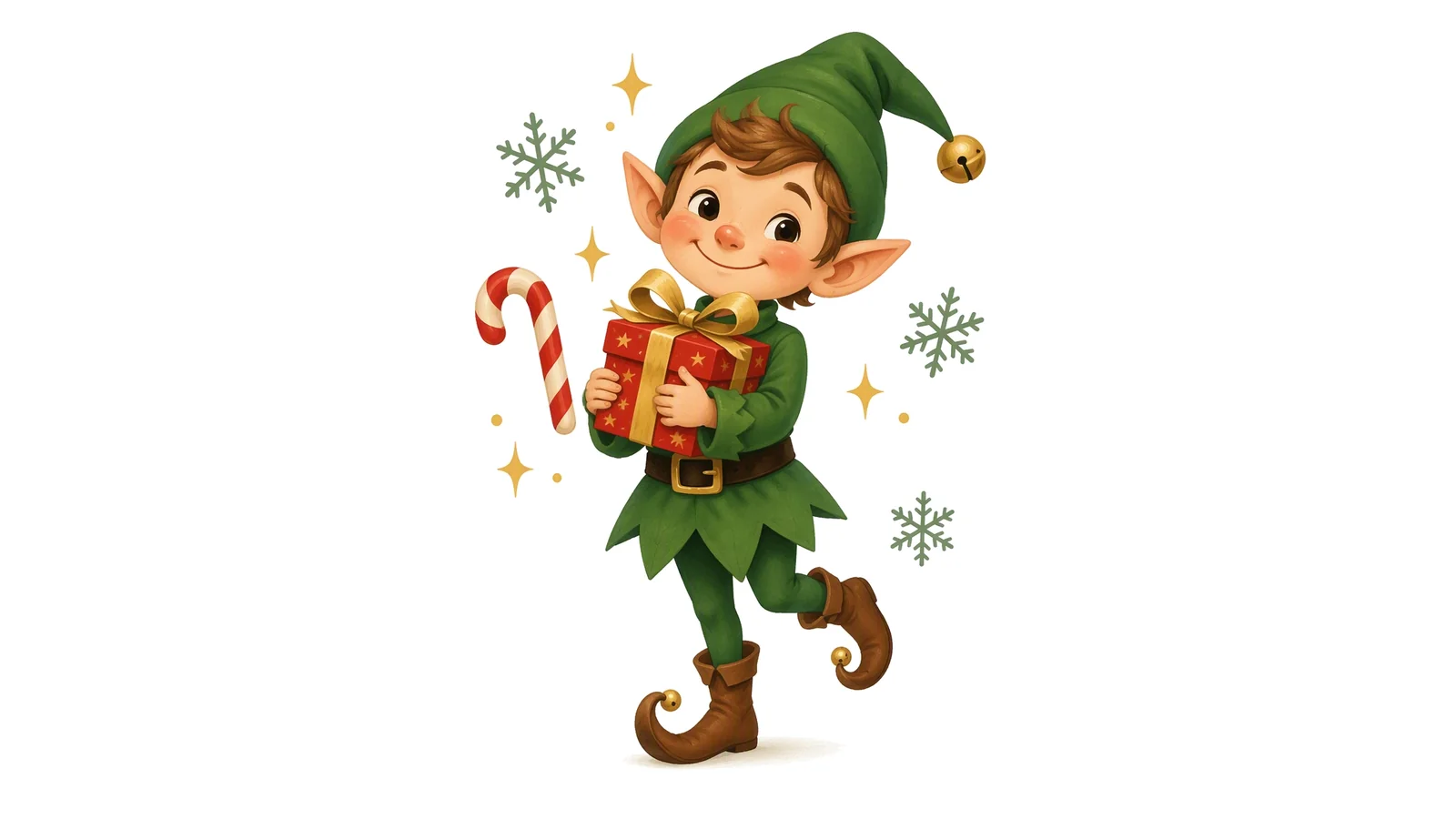Illustration of a cheerful cartoon elf in a green tunic and pointy hat holding a wrapped gift on a white background for elf puns.