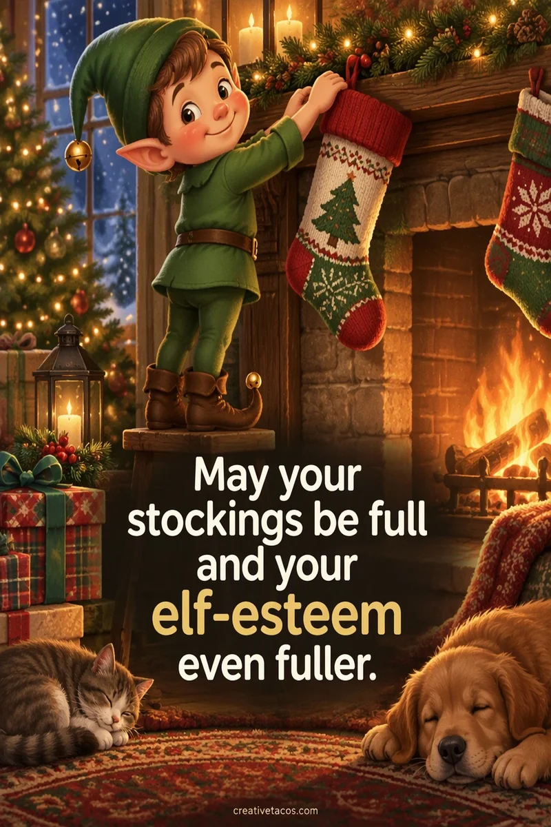 Quote card: May your stockings be full and your elf-esteem even fuller.