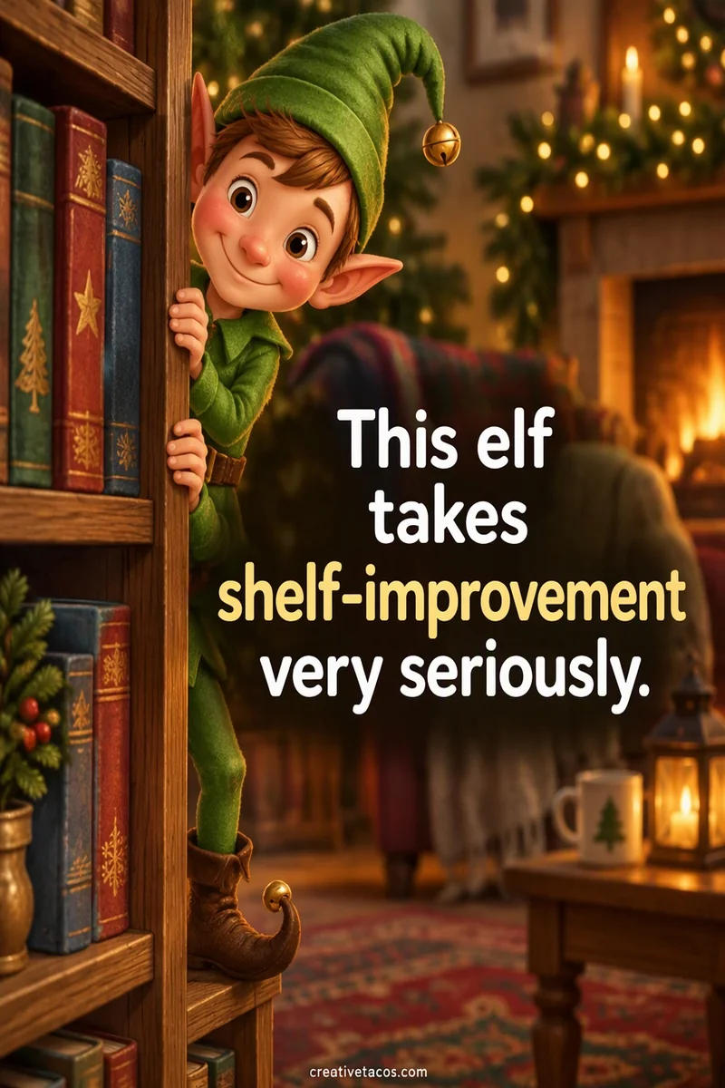 Quote card: This elf takes shelf-improvement very seriously.