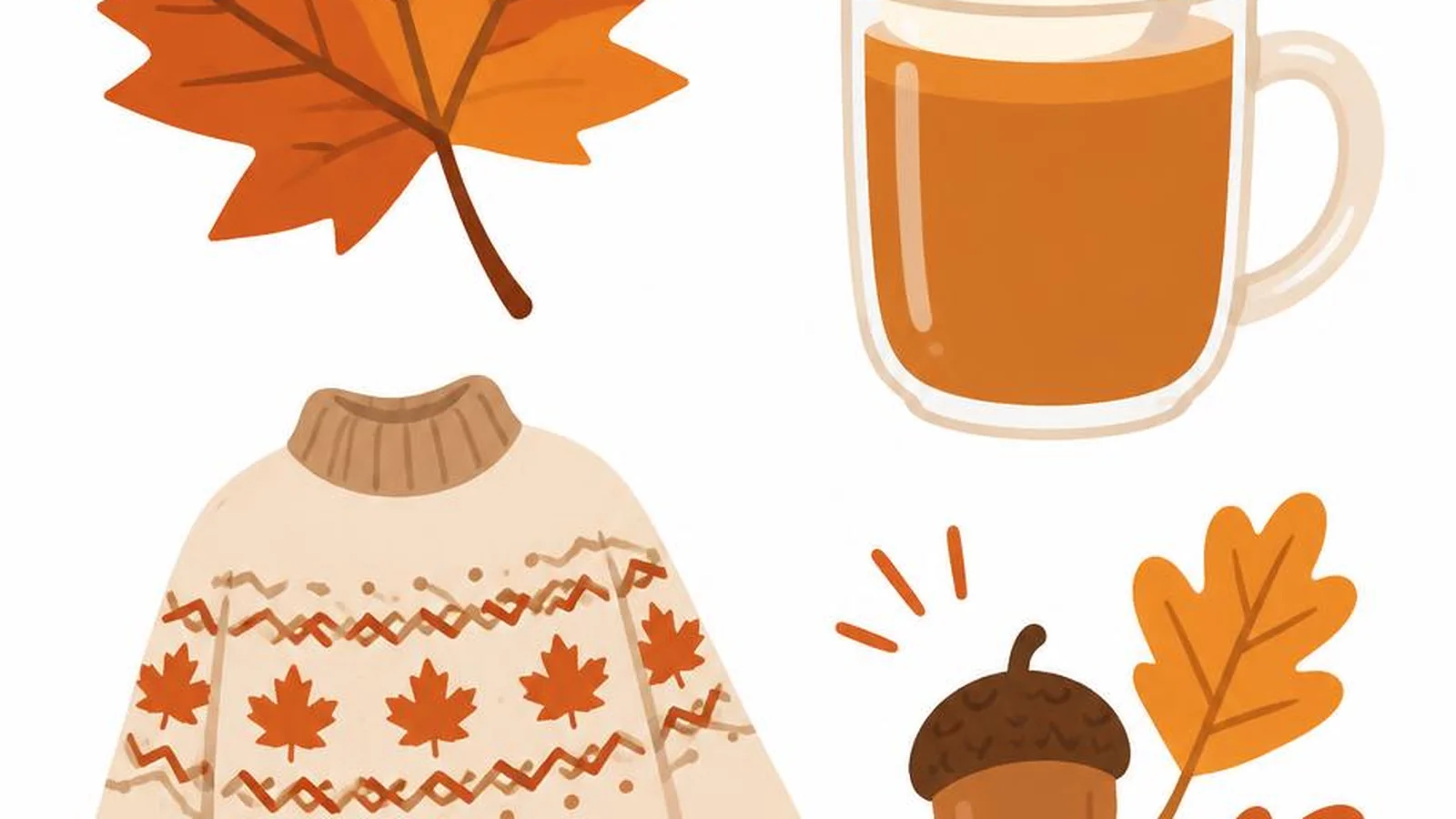Clean illustration of a leaf, mug, and sweater on a white background for fall captions.
