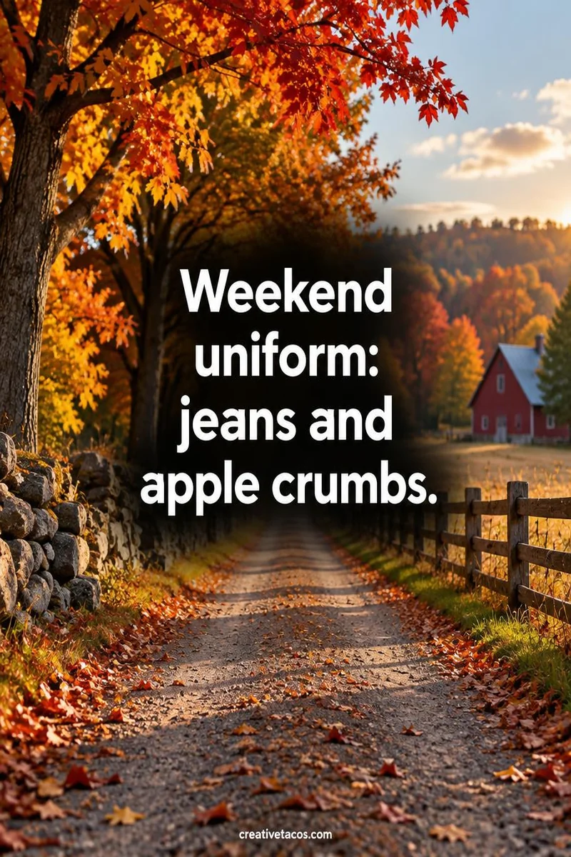 Quote card: Weekend uniform: jeans and apple crumbs.
