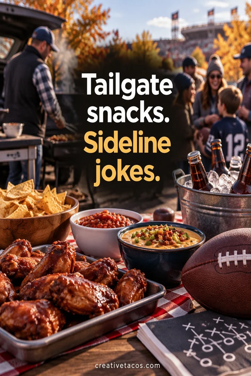 Quote card: Tailgate snacks. Sideline jokes.