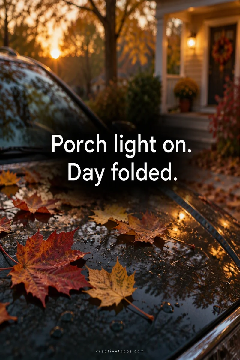 Quote card: Porch light on. Day folded.