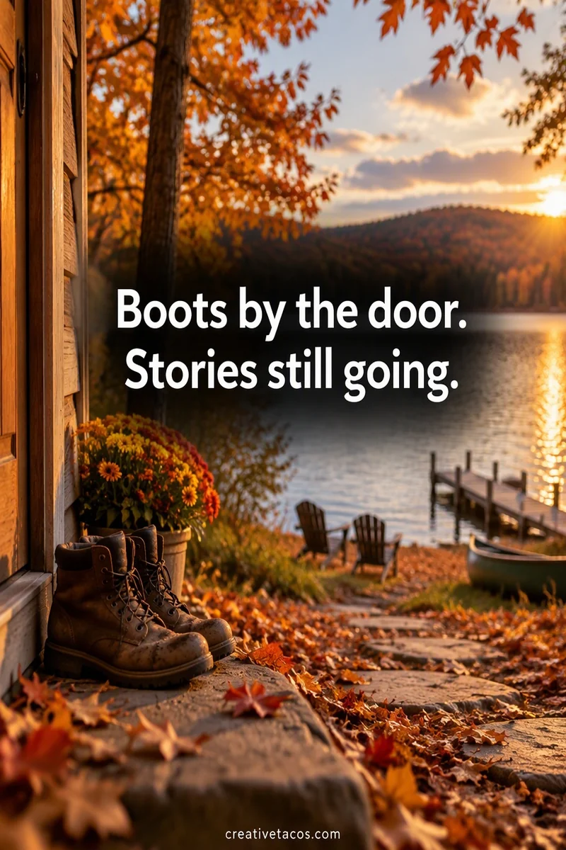Quote card: Boots by the door. Stories still going.