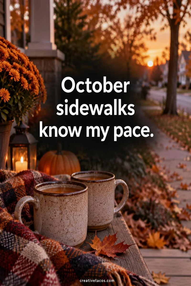 Quote card: October sidewalks know my pace.