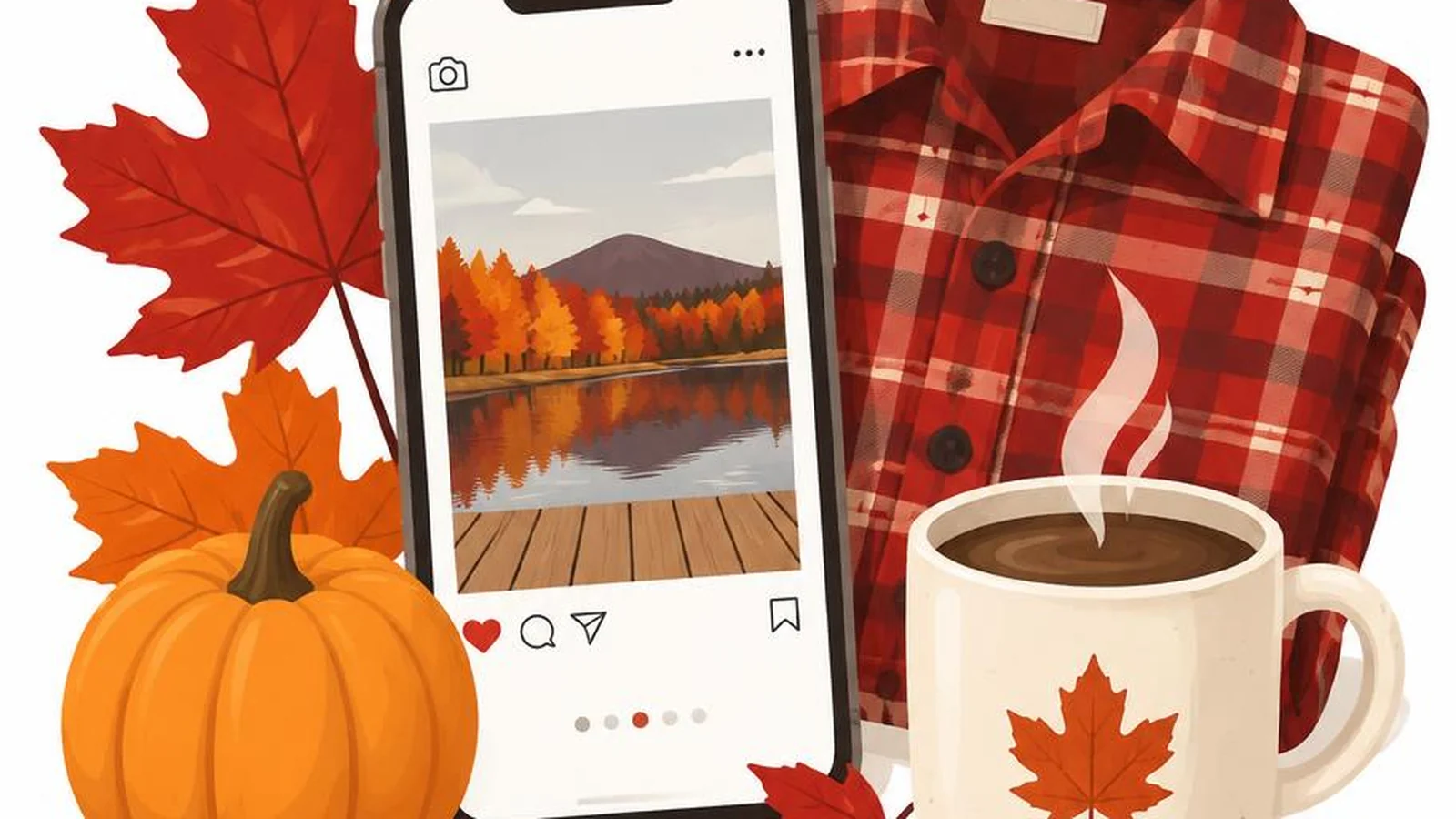 Clean illustration of a phone, maple leaves, a pumpkin, a plaid flannel shirt, and a mug on a white background for fall Instagram captions.