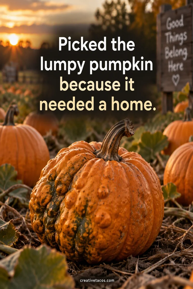 Quote card: Picked the lumpy pumpkin because it needed a home.