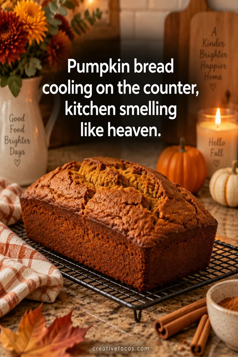 Quote card: Pumpkin bread cooling on the counter, kitchen smelling like heaven.