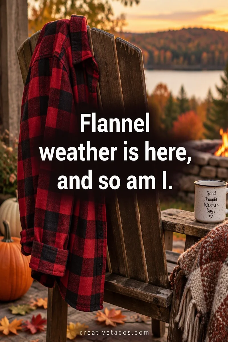 Quote card: Flannel weather is here, and so am I.
