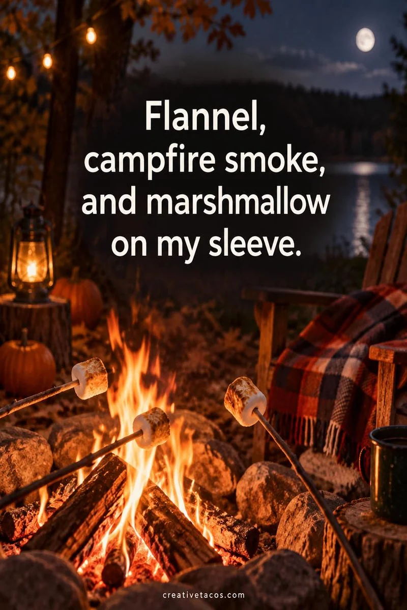 Quote card: Flannel, campfire smoke, and marshmallow on my sleeve.