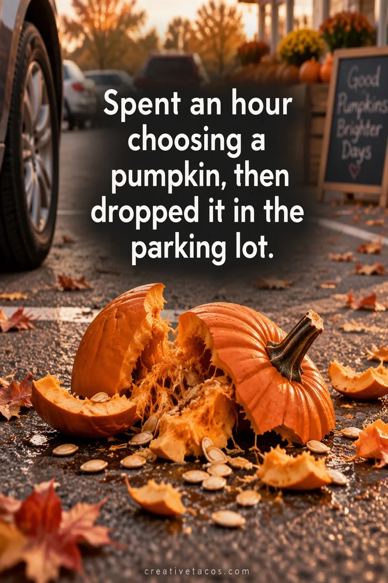 Quote card: Spent an hour choosing a pumpkin, then dropped it in the parking lot.