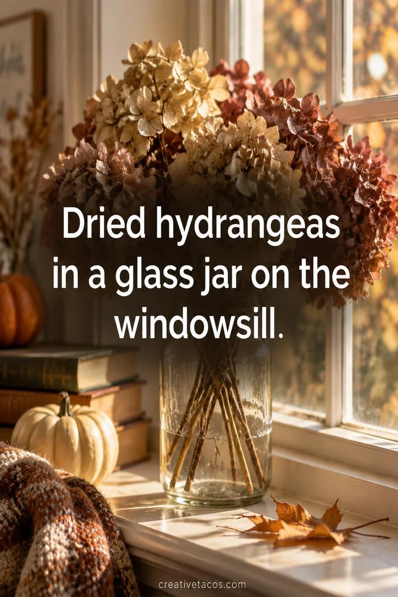 Quote card: Dried hydrangeas in a glass jar on the windowsill.