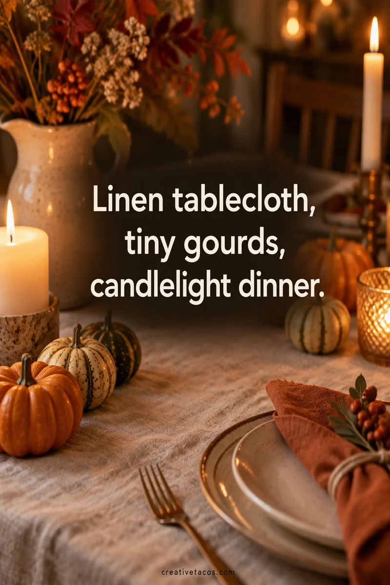 Quote card: Linen tablecloth, tiny gourds, candlelight dinner.