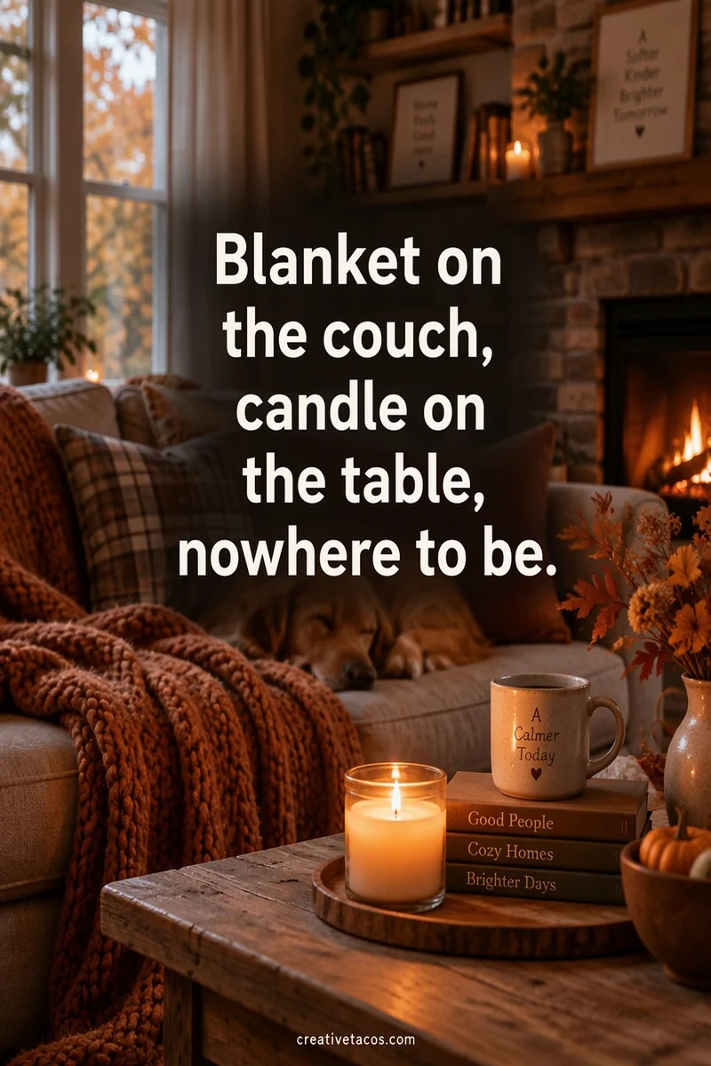 Quote card: Blanket on the couch, candle on the table, nowhere to be.