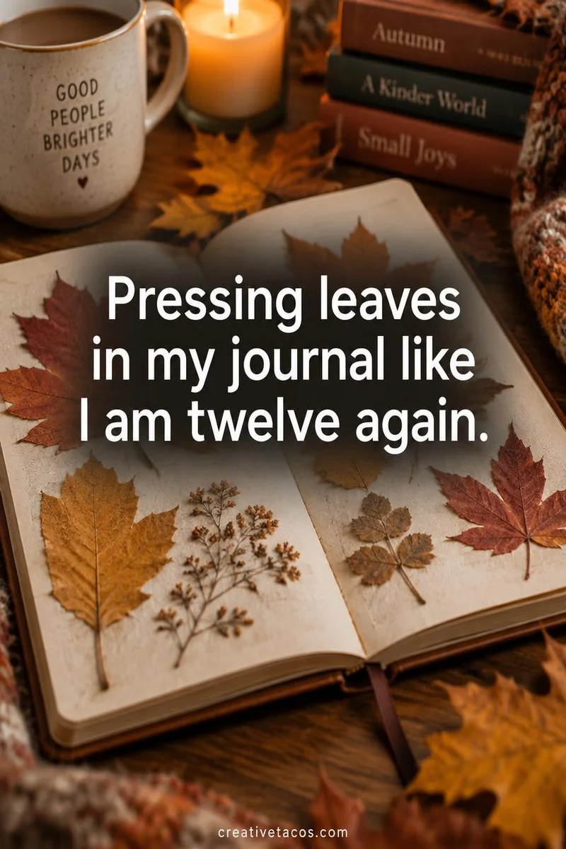 Quote card: Pressing leaves in my journal like I am twelve again.