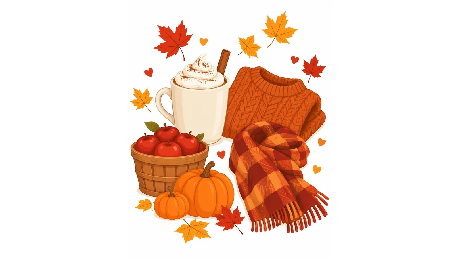 Illustration of a pumpkin spice latte, knit sweater, apples, pumpkins, and falling leaves with hearts on a white background for fall pick up lines.