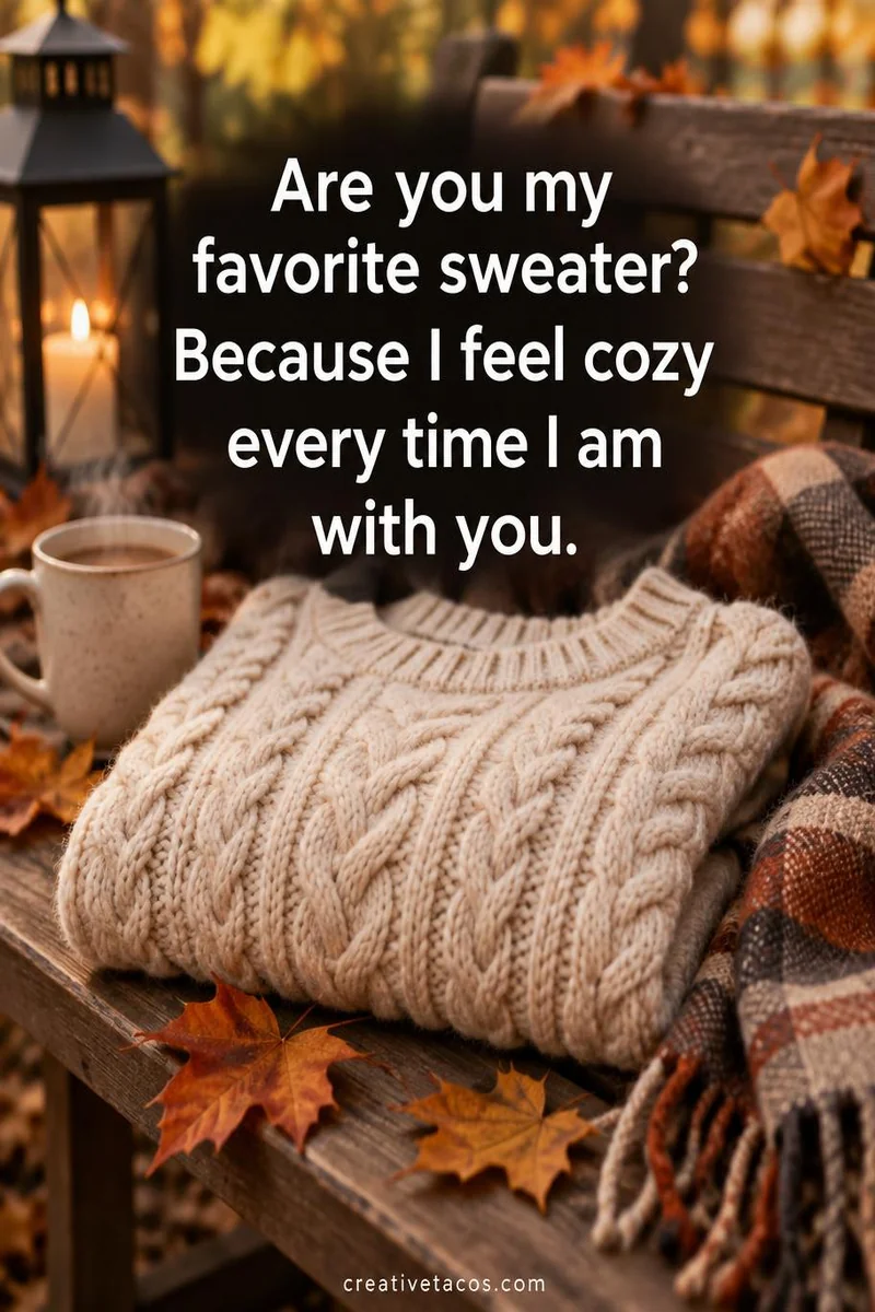 Quote card: Are you my favorite sweater? Because I feel cozy every time I am with you.