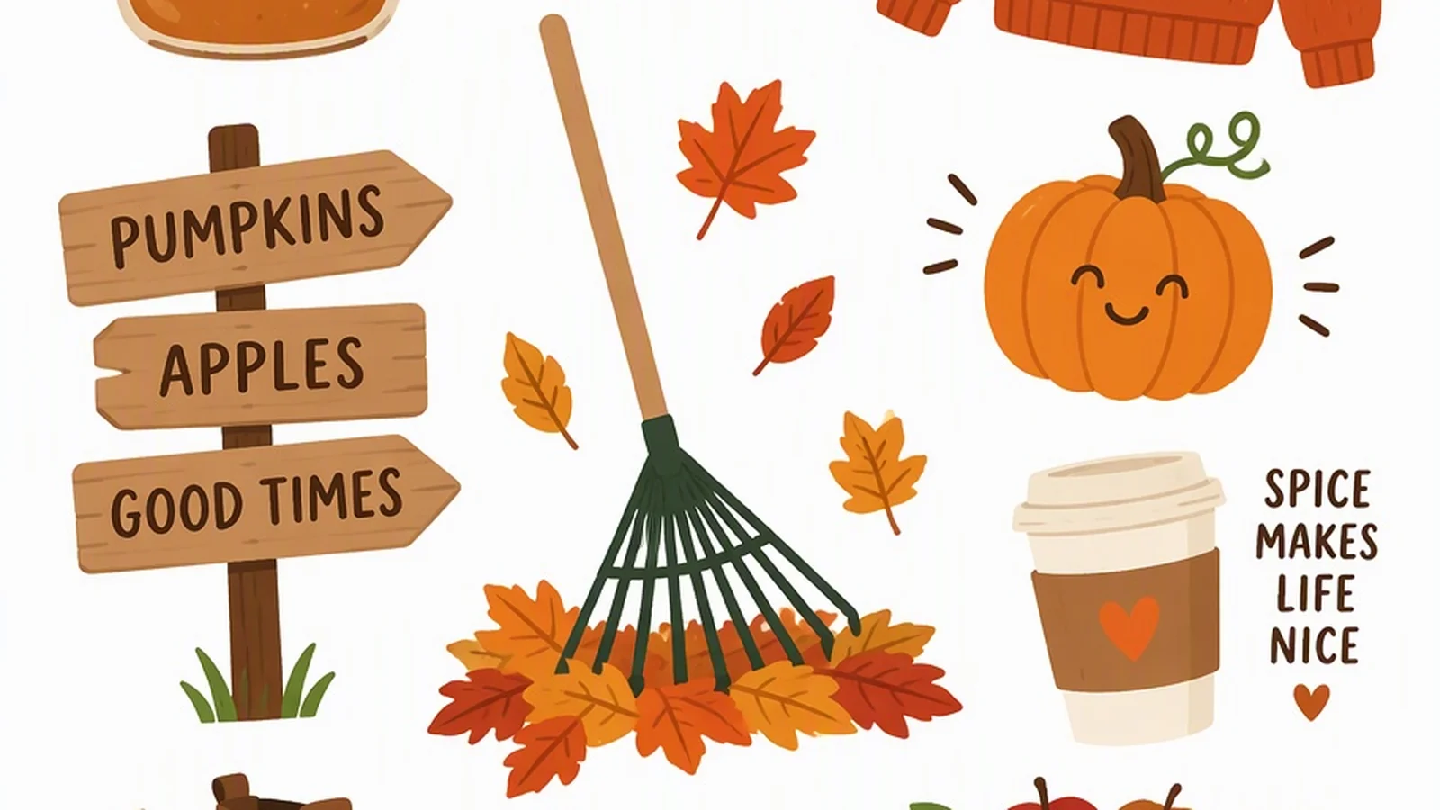 Clean illustration of cider, a rake, and a sweater on a white background for fall puns.