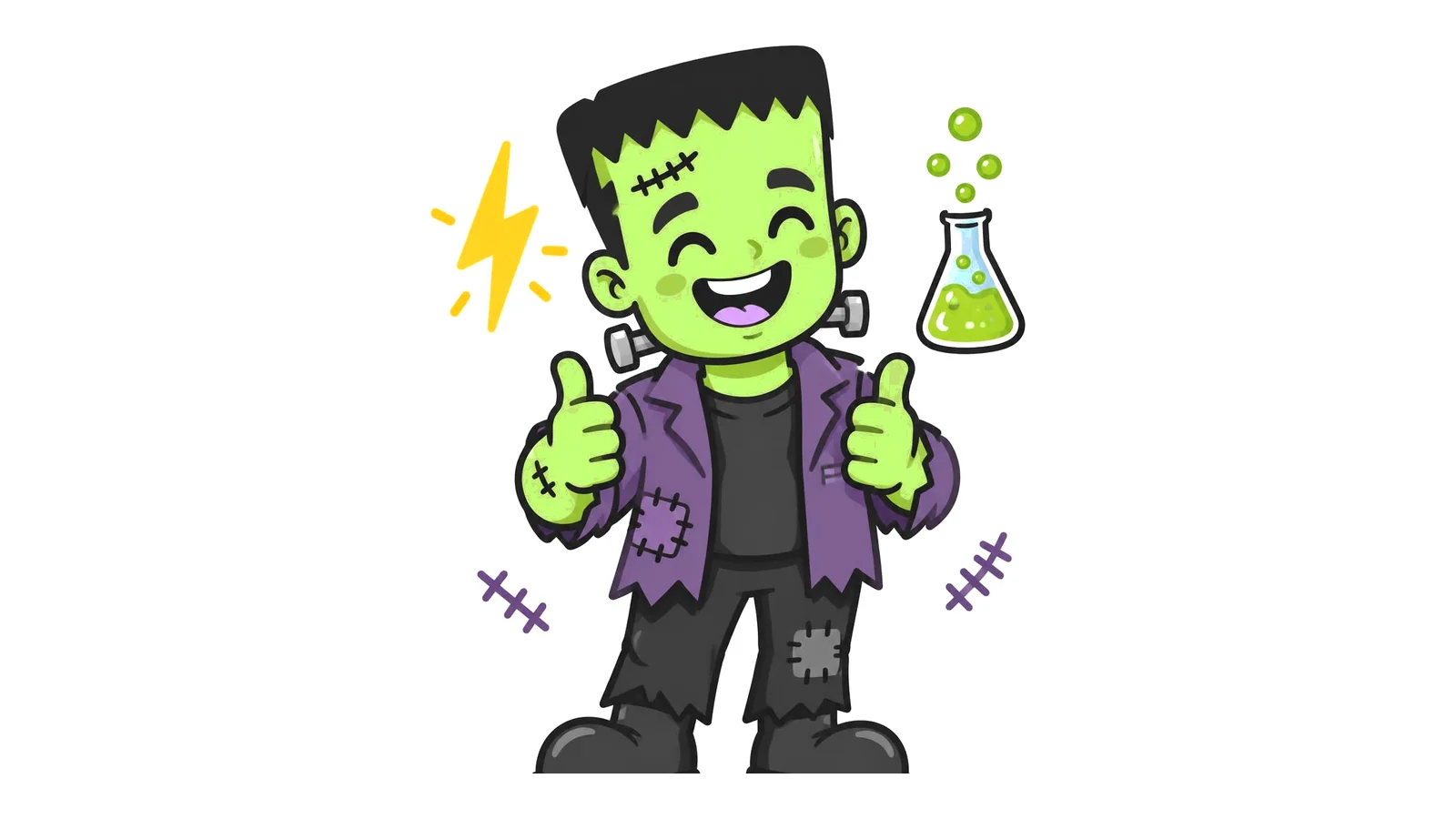 Clean illustration of a friendly green Frankenstein monster with neck bolts, a lightning bolt, and a lab flask on a white background for Frankenstein puns.