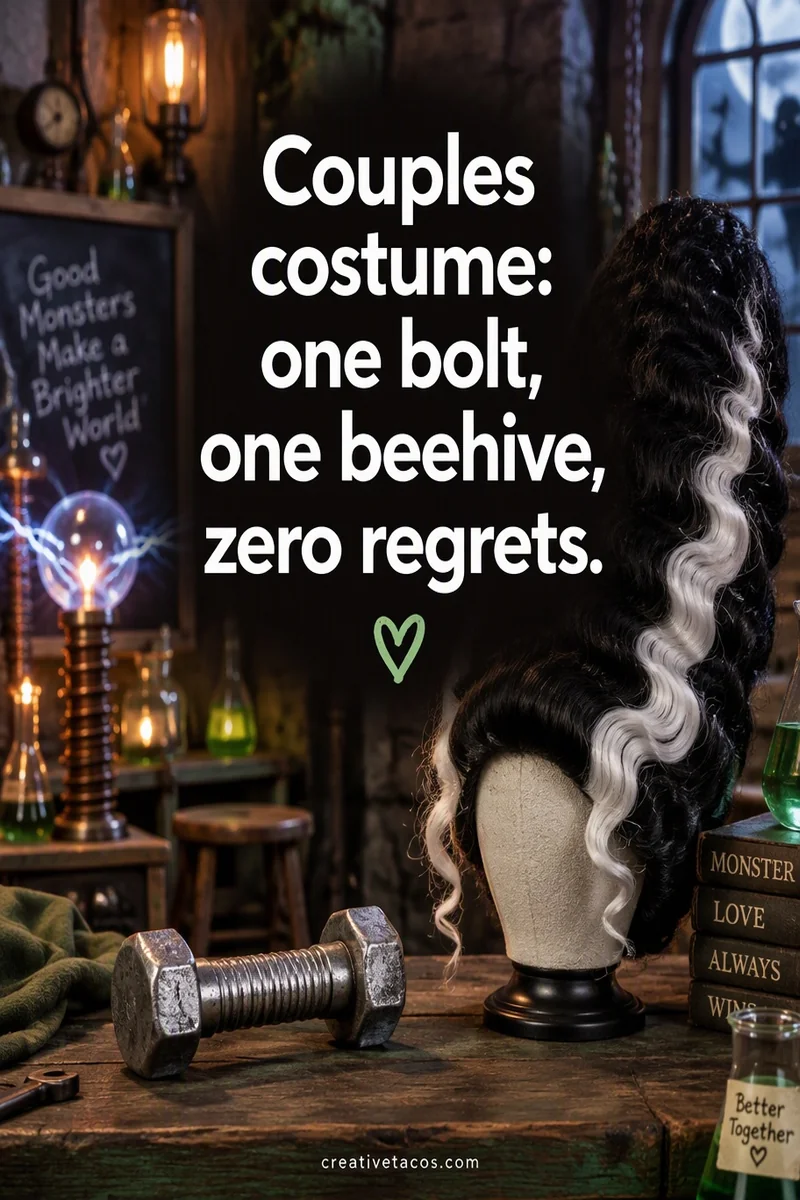 Quote card: Couples costume: one bolt, one beehive, zero regrets.